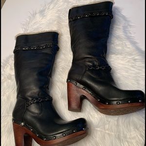 UGG Tall Black Leather Studded Heel Boots Sz 8